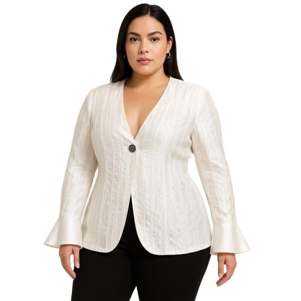 3K Fashion Blazer Womens 1XL White Crinkle‎ Satin Blazer Flared Cuffs Office